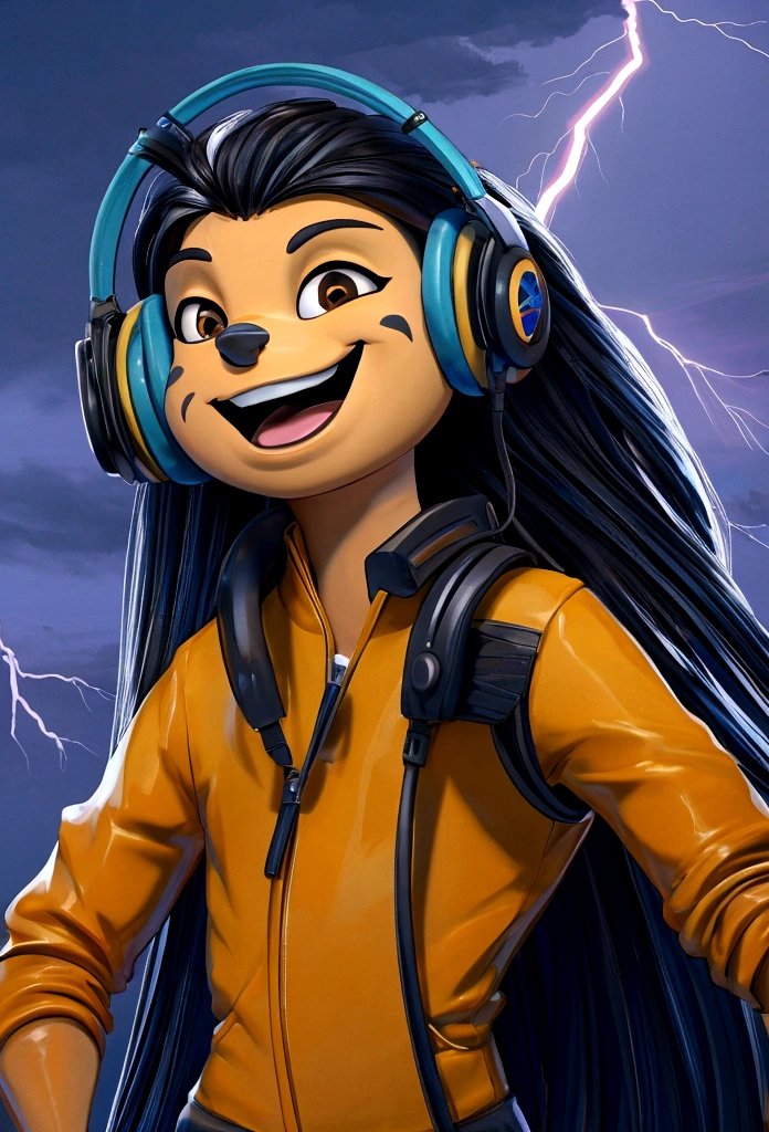 Generate a cartoonish image of a cheerful character, brown skin, jet black long hair, with a lively expression, possibly accompanied by a lightning bolt flashing in the background to emphasize the 'blitz' element. The character should exude energy and playfulness, reflecting the name 'SillyBlitz', wearing headphones