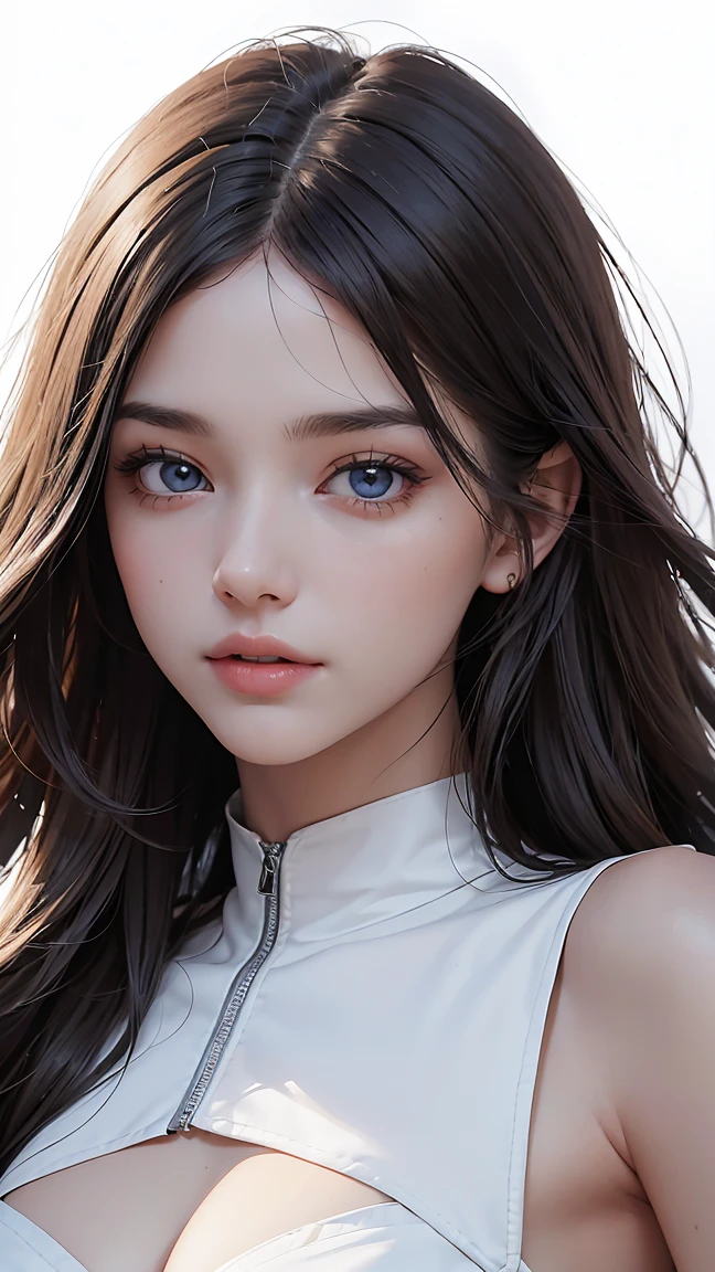 a cut girl with long hair, wearing , full-body, white background, clean background, full body shot:1.2, Detailed face, detailed eyes, detailed nose, detailed mouth,((UHD,masterpiece,super detail,award winning:1.4,best quality:1.2,highres,high quality))