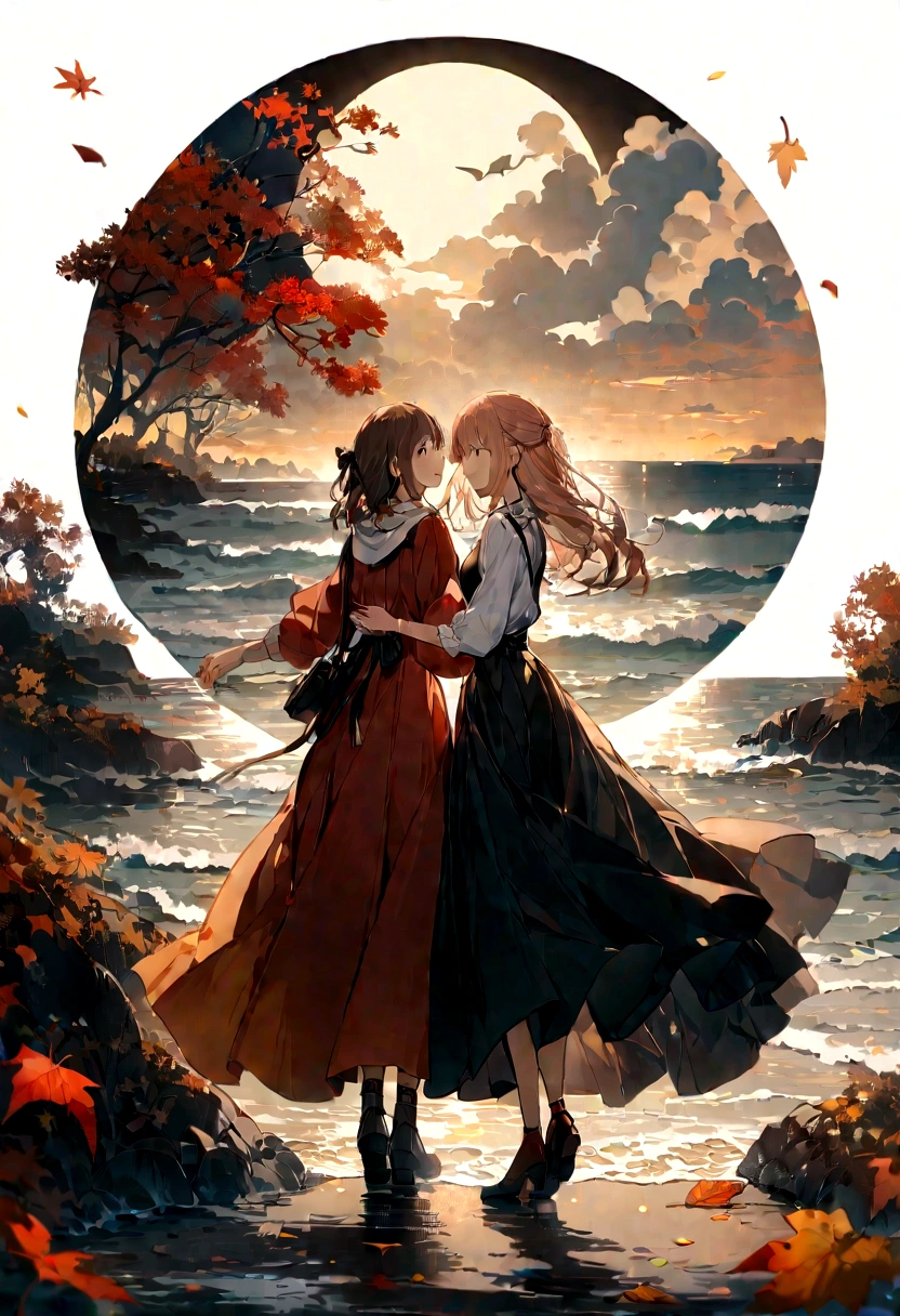 wallpaper,masterpiece,Best quality,Stills,Two holding hands,Full Moon,Autumnal,seaside