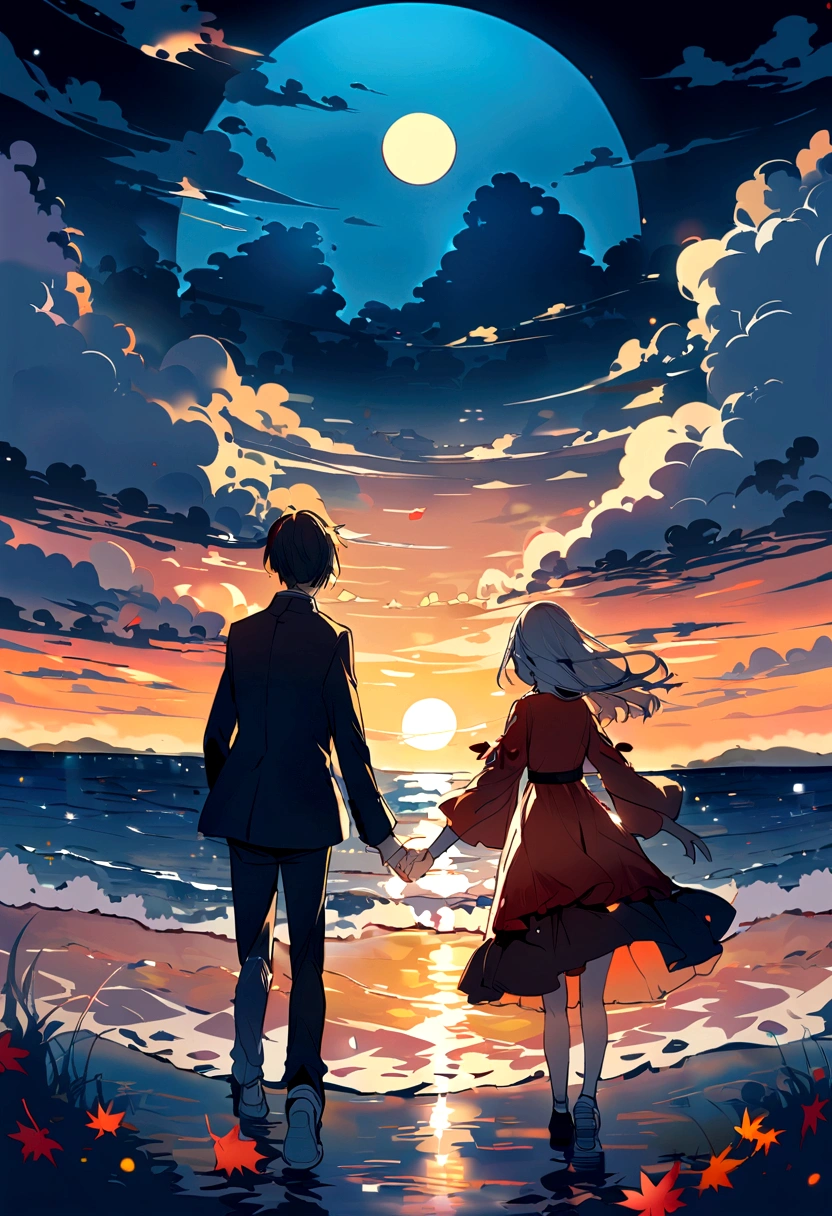 wallpaper，masterpiece，Best quality，Stills，Two holding hands，Full Moon，Autumnal，seaside