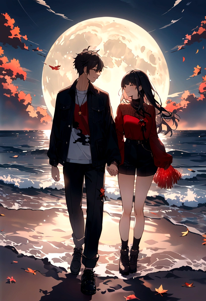 wallpaper,masterpiece,Best quality,Stills,Two holding hands,Full Moon,Autumnal,seaside