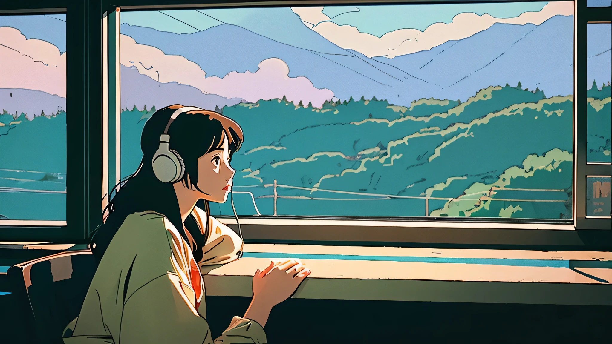 4k art wallpaper, アニメ art wallpaper 4k, アニメ art wallpaper 8 k, アニメ background art, lofi color, lofi art, アニメ asthetic,work of art, highest quallity, Rainbow style, アニメ, beautiful asian girl, Along the Hawaiian coast, cute and dreamy,アニメ,illustrator,lofi girl, blues,paisaje,SUNSET, natta、girl listening to music in a cozy room, Wear headphones, アニメ estilo 2D, Rain outside the window、Analog Color Theme、ghibli style,、Tokyo, natta, Write notes