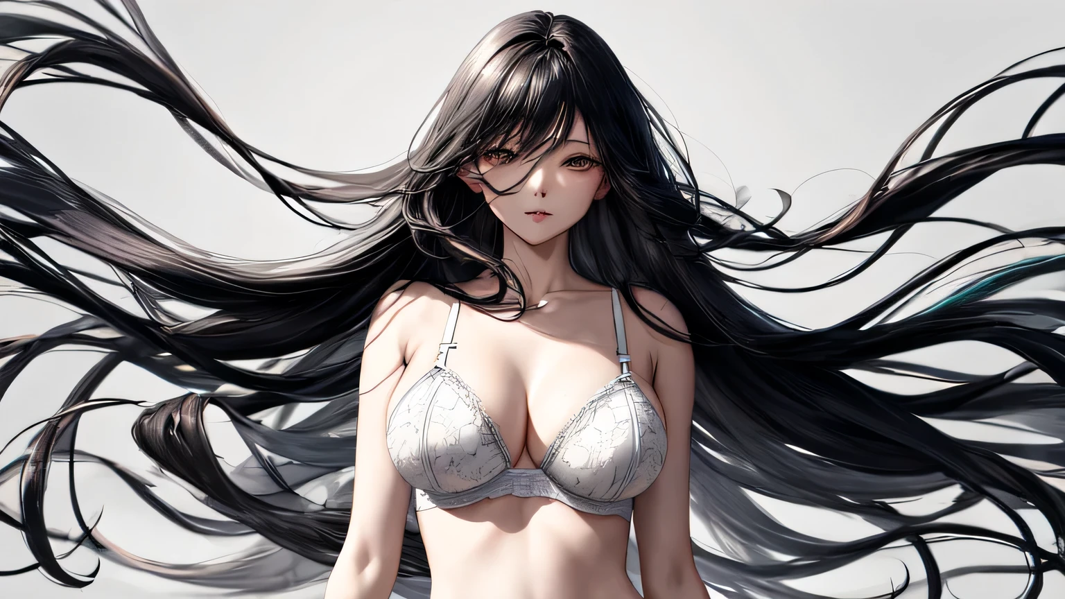 patterned lingerie, long black hair, windy, looking left of viewer, black and white line art, large breasts, sexy