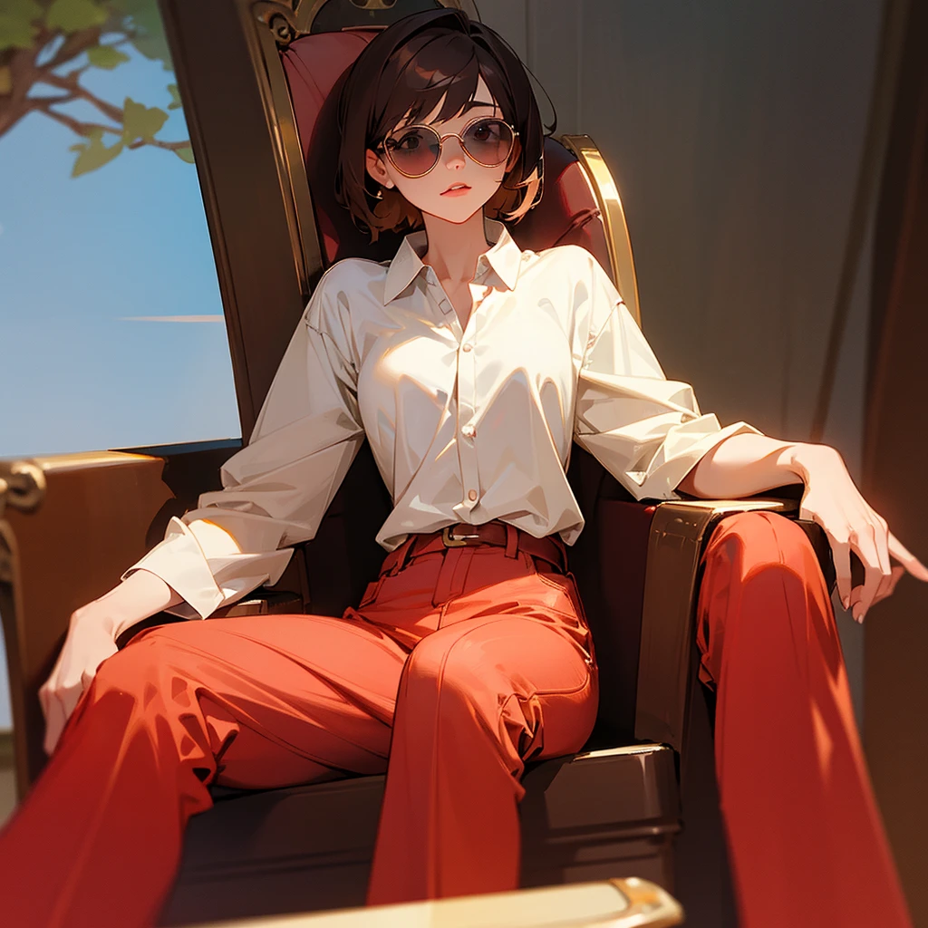 Brown short hair, white shirt, red pants, sunglasses, girl, sitting on the throne
