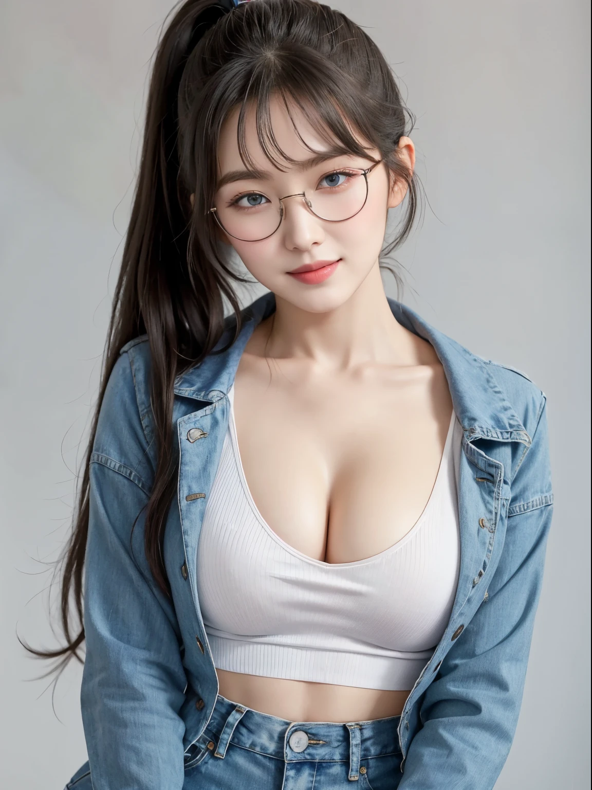 (Best quality, masterpiece, detailed), (RAW, 4k, hd images), 1 girl, , white skin, long hair, ponytail, layers hair, bangs, black hair, beautiful girl, cute girl, sweet girl, pretty girl, perfect girl, perfect body, pretty eyes, blue eyes, thin lips, (eye line, lip soft), perfect round breast, glasses(detailed frame), simple background, smile, waist, hips, crop jeans jacket, half body, modeling pose, free style pose, random angle capture, cleavage, do guts pose