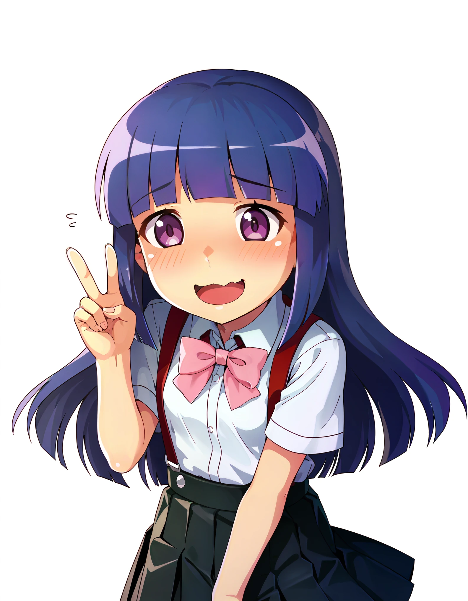 score_9, score_8_up, score_7_up, source_anime, anime_screencap, masterpiece, best_quality, uncensored, higurashimei, 
1girl, solo, furude rika, (teen:1.2), kawaii, blue hair, purple eyes, long hair, blunt bangs, bangs, simple background, white background, bow, skirt, shirt, suspenders, smile, short sleeves, pleated skirt, white shirt, open mouth, wavy_mouth, blush, embarrassed, pink bow, facing viewer, suspender skirt, , black skirt, collared shirt, blush, bowtie, blunt bangs, dress shirt, upper_body, V, from_above, 