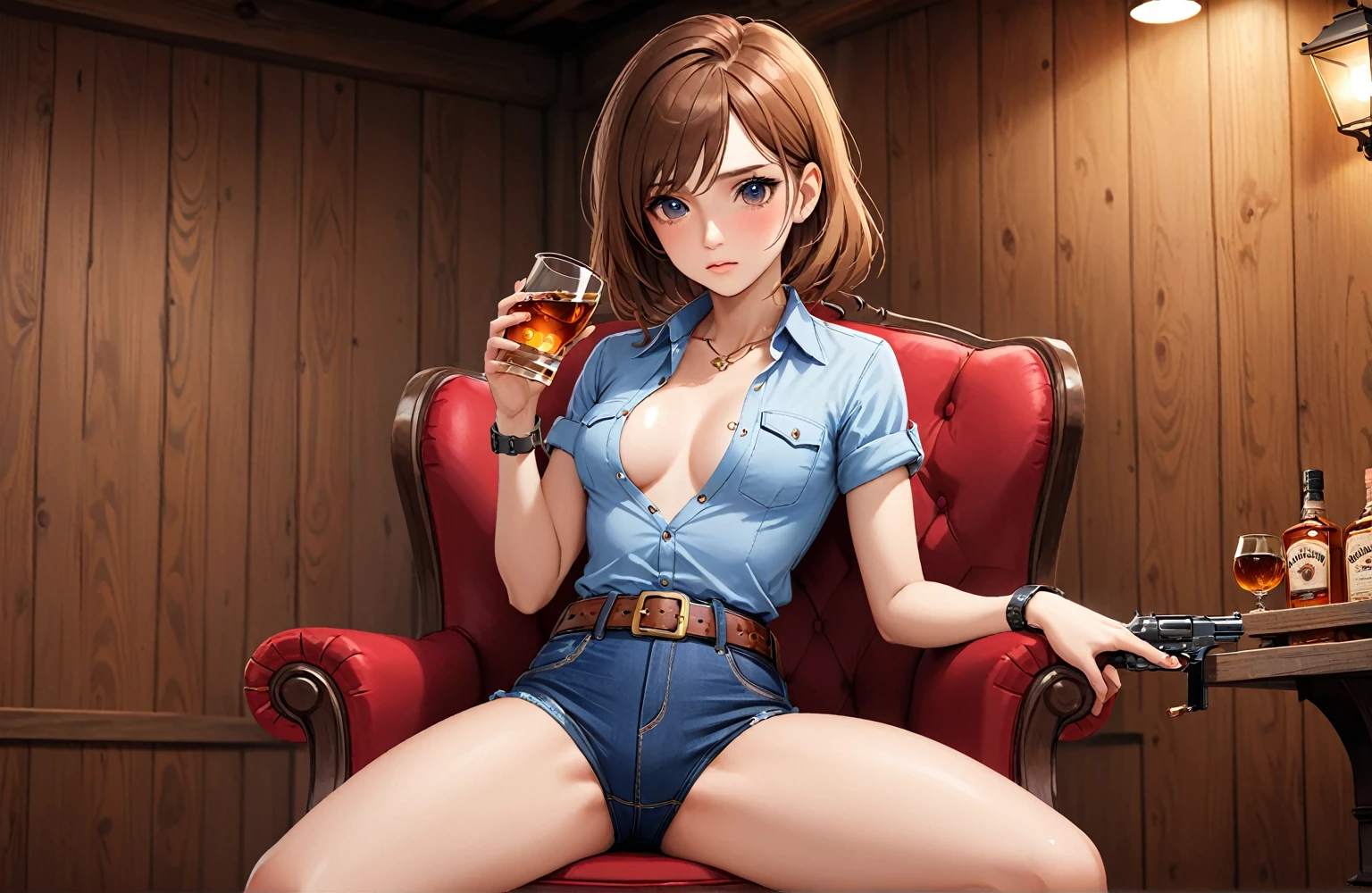 (((One beautiful woman:2.0))),(((NSFW:1.5))),((Nude:2.0))),(((She has a gun belt around her waist、Put a revolver in a holster:1.8))),((Wearing a watch:1.9))),(((Showing cleavage))),(((Exposed thin inner thighs))),(((Small breasts:1.5))),(((Bare arms))),((Blushed:1.5)), Beautiful detailed girl, Very detailed目と顔, 緻密でBeautiful Eyes, Very detailed, High resolution, Highest quality, masterpiece, Very detailed, 8k wallpaper, wonderful, finely, Highest quality,(Standing in front of a wooden wall),Beautiful Eyes,((Engage your audience:1.2)),((Cowboy Shot:1.5))),((Photograph the whole body:1.5)),((Drinking whiskey:1.4)),(((Drunk,cry:1.5))),(((Are standing:1.2)))