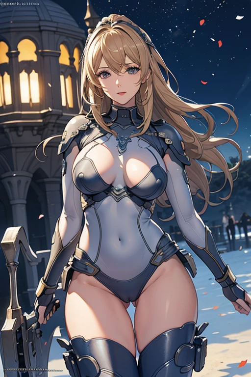 best quality, official art, masterpiece, textile shading, HDR, very detailed, colorful, best details, fantasy, battle suit,2 female, 25 years old and 30 years old, Moonlit night with an old castle in view, long hair, choppy hair, big breast, skinny,Surrounded by a large crowd:1.9、Confetti flutters、Blessed、cameltoe:1.3,