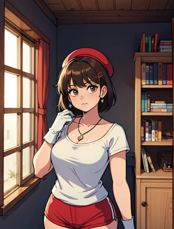  (masterpiece:1.3), (Highest quality:1.3),indoor,Bookshelf,window,alone,One girl, I have traveled_stout, Upper Body, Are standing,brown hair, brown eyes, alone, hairclip, Earrings, jewelry, short_hair, white_hat, Have, hair_ornament, brown_gloves, necklace, short_shorts, x hair ornament, red shorts, Braiding,