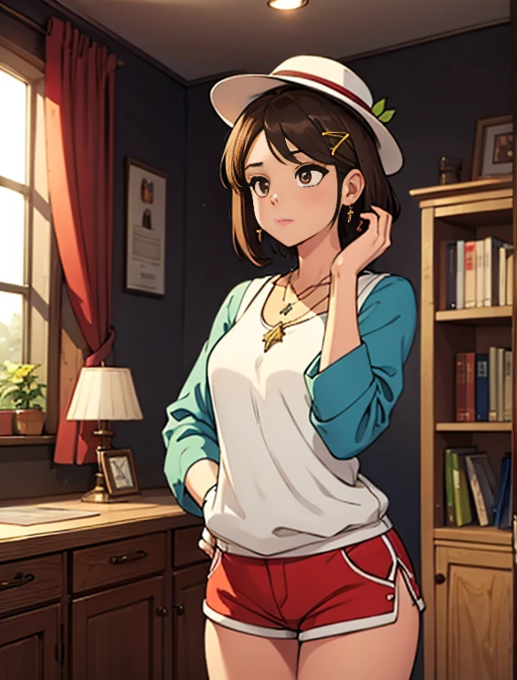  (masterpiece:1.3), (Highest quality:1.3),indoor,Bookshelf,window,alone,One girl, I have traveled_stout, Upper Body, Are standing,brown hair, brown eyes, alone, hairclip, Earrings, jewelry, short_hair, white_hat, Have, hair_ornament, brown_gloves, necklace, short_shorts, x hair ornament, red shorts, Braiding,