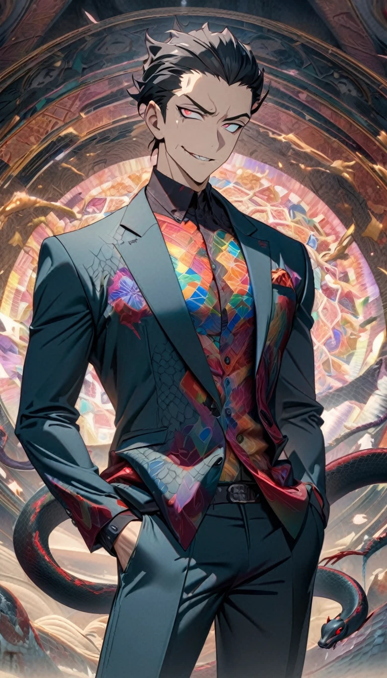 black hair, hair slicked back, mismatched pupils, gradient eyes, wide eyes, snake pupils, devil pupils, evil smile, naughty, Surrealism, anime, cowboy shot, 8k, super detail, anatomically correct, textured skin, best quality, highres
"Create an image of a handsome adult male in a cowboy shot (from the waist up). The background should feature colorful mandala patterns. He should be slim and muscular, wearing a casual suit."
