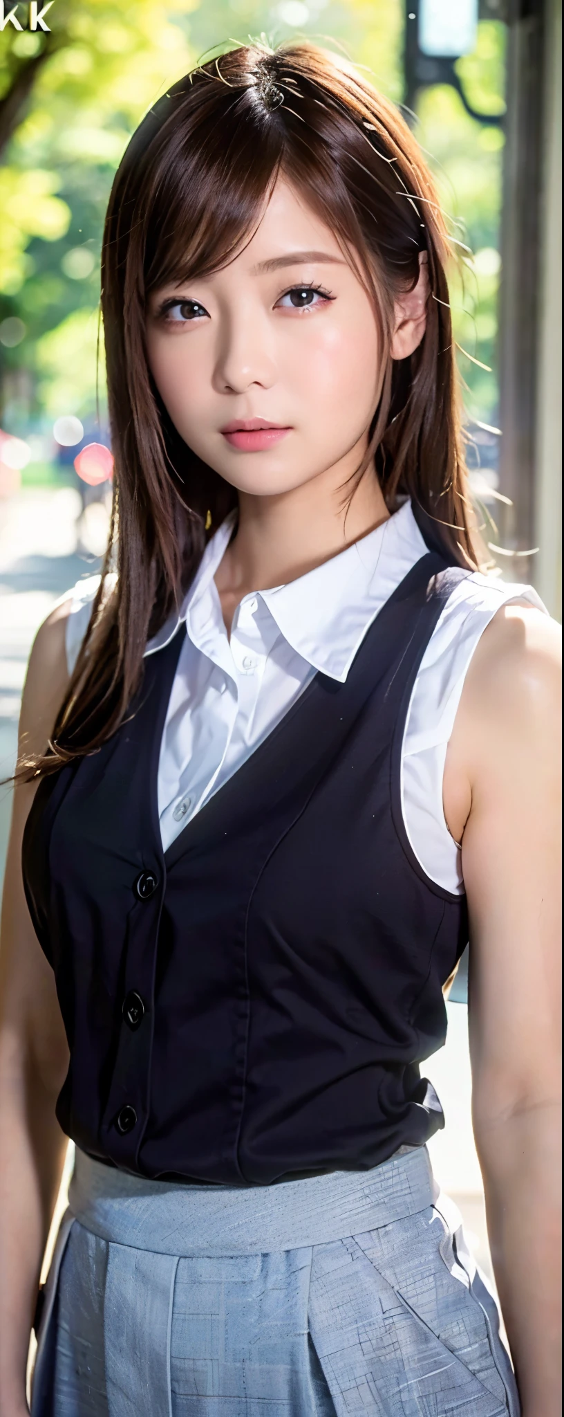 ((top-quality, 8K, masterpiece:1.3)), sharp focus:1.2, Beautiful Women in Perfect Style:1.4, Slender Abs:1.2, wearing sleeveless shirts wide pants, ((dark brown hair:1.2)), (natural soft light, City Street:1.1), Highly detailed facial and skin texture, A detailed eye, double eyelid, uniform, Female, 24 years old