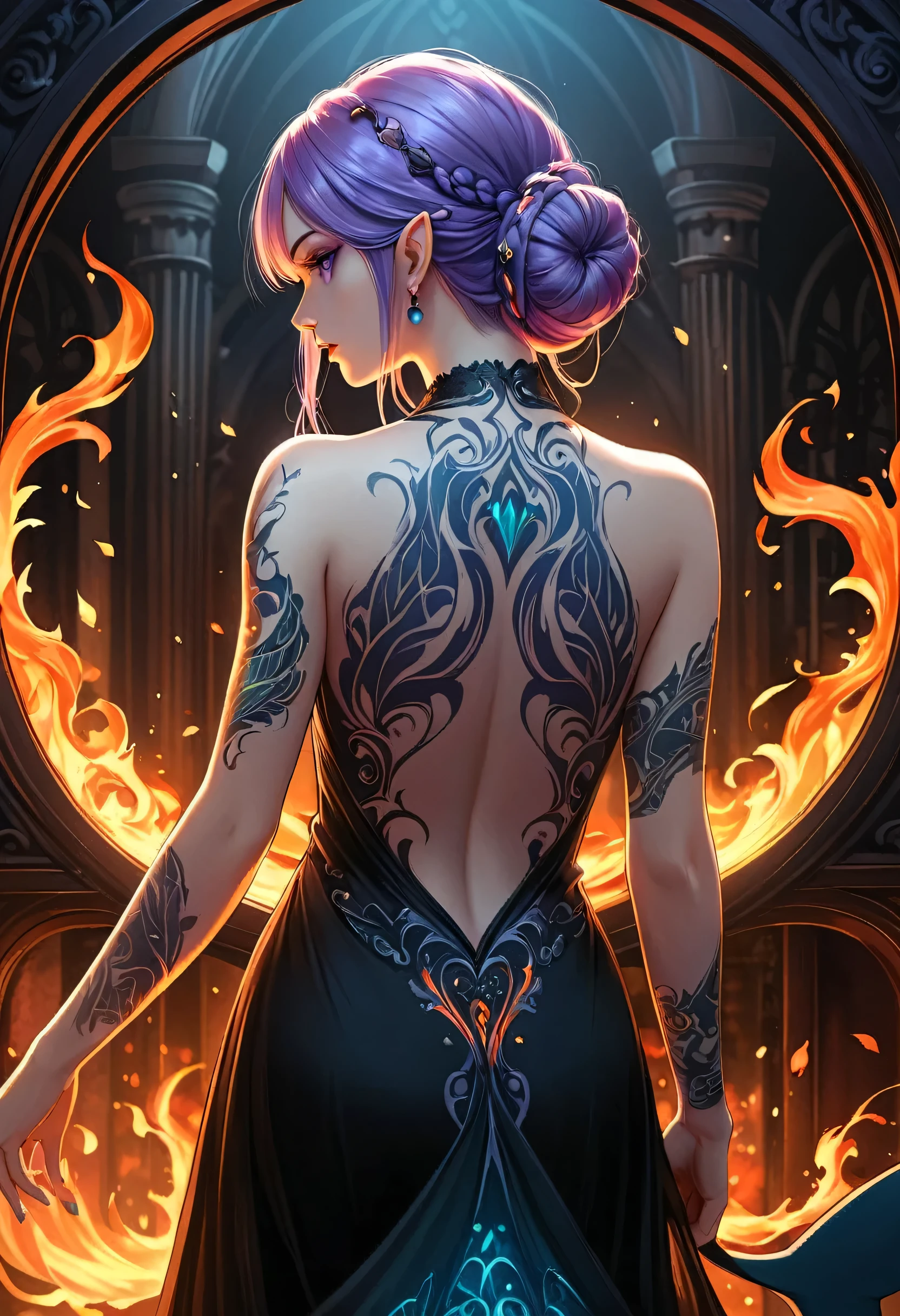 Arafed, Dark fantasy art, fantasy art, goth art, a picture of a ((shark tattoo: 1.5)) on the back of a female elf, a glowing tattoo of a ((shark: 1.3)) on the elf's back, the ((shark tattoo)) is vivid, intricate detailed coming to life from the ink to real life, GlowingRunesAI_purple, ((fire surrounds the shark: 1.5)), shoot taken from the back, ((the back is visible: 1.3), she wears a transparent black dress, the dress is elegant, flowing, elven style, that the tattoos glow, dynamic hair color, dynamic hair style, faize,, Digital Painting