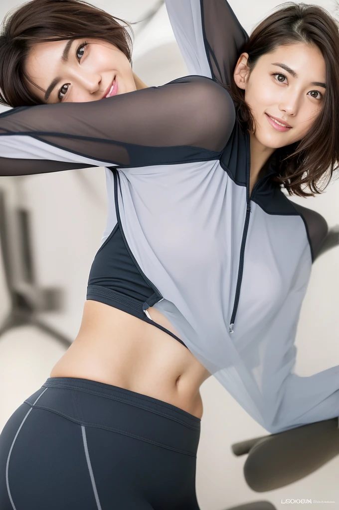 You are a professional photographer。Beautiful Eyes、 ((Highest quality)), Clear contours, Woman with beautiful face, (((One Girl,alone))), ((Beautiful Eyes)), Sex Appeal,Albedo and Specular Maps、Accurate simulation of lightweight material interactions、A woman in activewear taking photos, Light Smile、perfect body,Very Short Hair,Thighs,Pornstar,From various angles