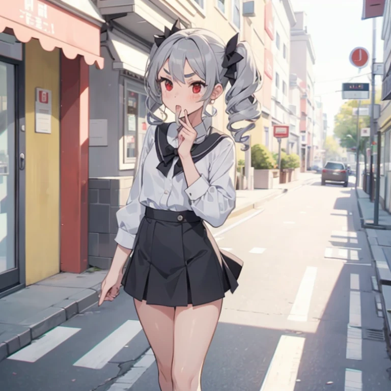 Young girl with grey hair, ((fringed and curly hair)),((curly short twintail)), curly hair ,(red eyes),, ((small bushy eyebrows)), wearing gothic lolita clothing, lolicon , walking to school, bored look, bored face,,  cum bubbling out her mouth, in a street, girl giving a  blowjob  to a naked male with a hand ,  in a street, (girl masturbating a penis, she naked)