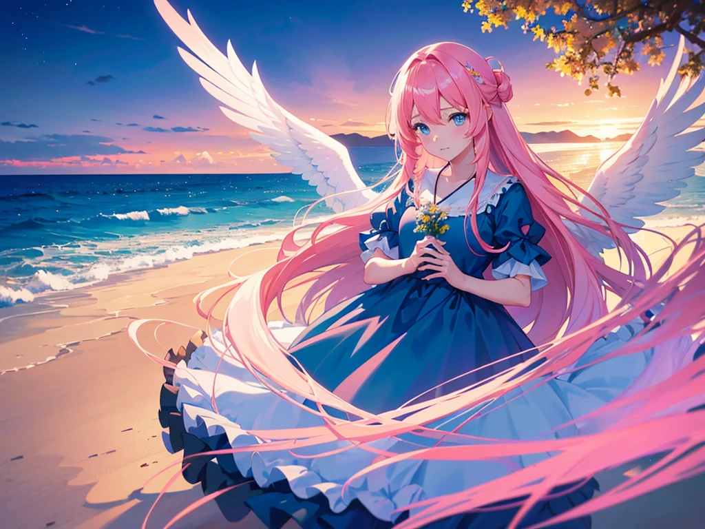 anime, Style, 1 pink long haired girl in a blue dress, long angel wings, floating on air, , on the beach in the night(best quality, 4k, 8k, high resolution, obra-prima: 1.2), ultra-detailed, (realista, fotorealista, foto-realista: 1.37) colorido com vibrantes cores, soft lighting