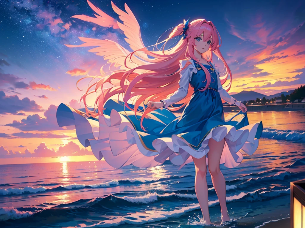 anime, Style, 1 pink long haired girl in a blue dress, long angel wings, floating on air, , on the beach in the night(best quality, 4k, 8k, high resolution, obra-prima: 1.2), ultra-detailed, (realista, fotorealista, foto-realista: 1.37) colorido com vibrantes cores, soft lighting