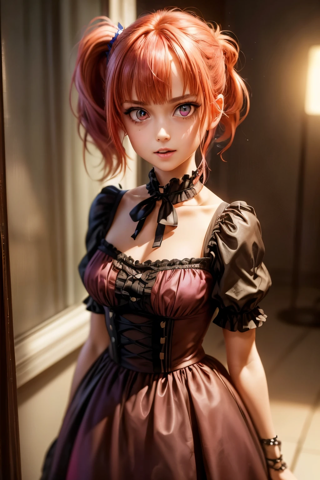 {{{{masterpiece}}}},{{{emaiti}}}, {{{Super detailed}}}, {{{high resolution}}}, {{good anatomy}}, (((best quality))),(((neon pink eyes))),{{Extremely detailed and refined}}, {4k CG wallpaper}, {{illustration}}, ((red hair)),((looking out a window,in school)),(((face portrait,detailed face,big big eyeballs,standing,bust,standing))),(((sideponytail:1.2|short hair|ponytail|Detailed hair|blunt bangs|shiny hair))),(((Gothic blonde outfit,dress frills,neck collar))),{{{happy,smile with teeth}}},(lesbian,1 woman:1),(small breasts),masterlighting,((The details are complex、Shallow depth of field、movie lighting、Reflectors、a Canon EOS R5、50mm lens、f / 2.8、shot at 8k resolution)),yandere girl,lesbian,Three View, Best anime 4k,short detailed hair,gary gradient background, Expressionless, Delicate