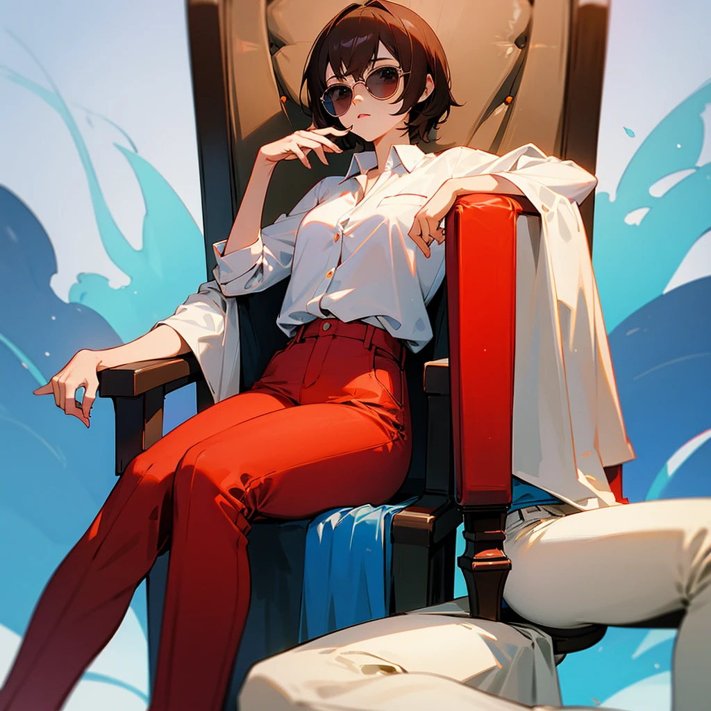 Brown short hair, white shirt, red pants, sunglasses, girl, sitting on the throne, blue flame