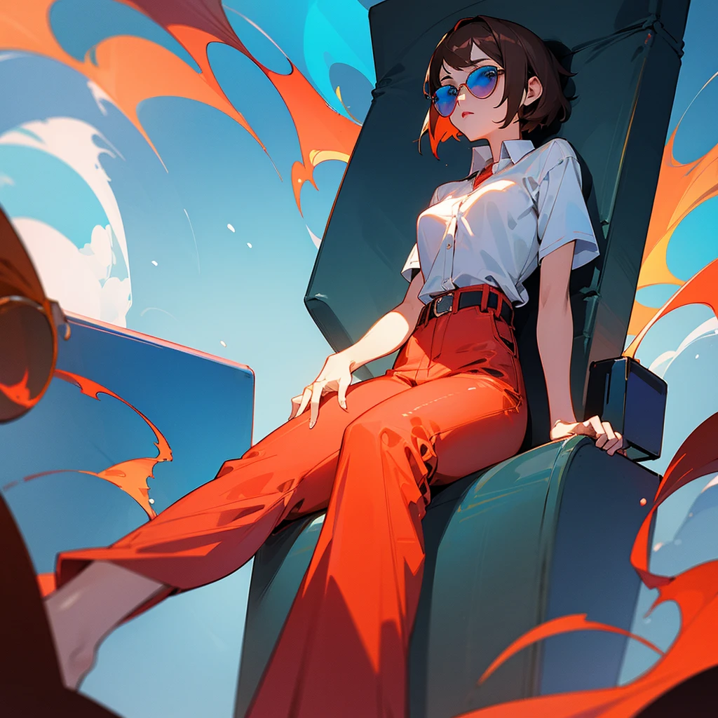 Brown short hair, white shirt, red pants, sunglasses, girl, sitting on the throne, blue flame