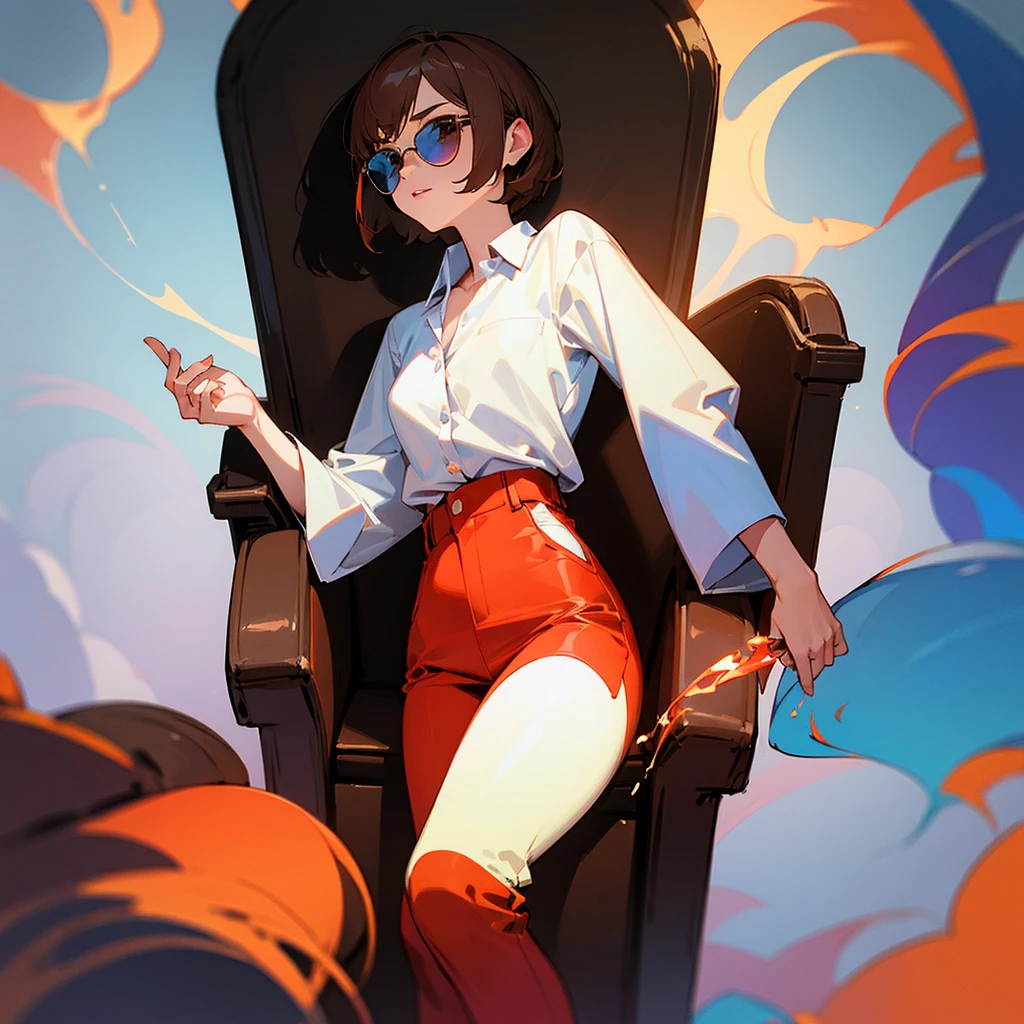 Brown short hair, white shirt, red pants, sunglasses, girl, sitting on the throne, blue flame
