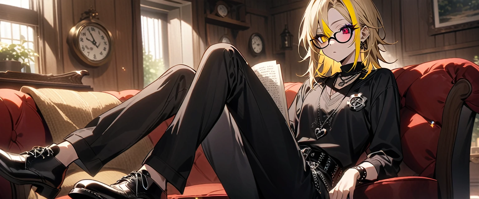 (((masterpiece,Highest quality))),(((スチームパンク風でVisual Keiの黒を基調とした衣装の短い髪のアニメの中性的な男性))),((Androgynous but male)),(((Visual Kei))),(((red and blonde streaked hair))),highlights hair,((Wears stylish, thick-framed glasses)),((Blue and red heterochromia)),((Clock and gear motif necklace,A brooch with a clock and gear motif)),Sitting and reading a book,(((Western-style living room))),Focus on the whole body,(high quality),アニメ