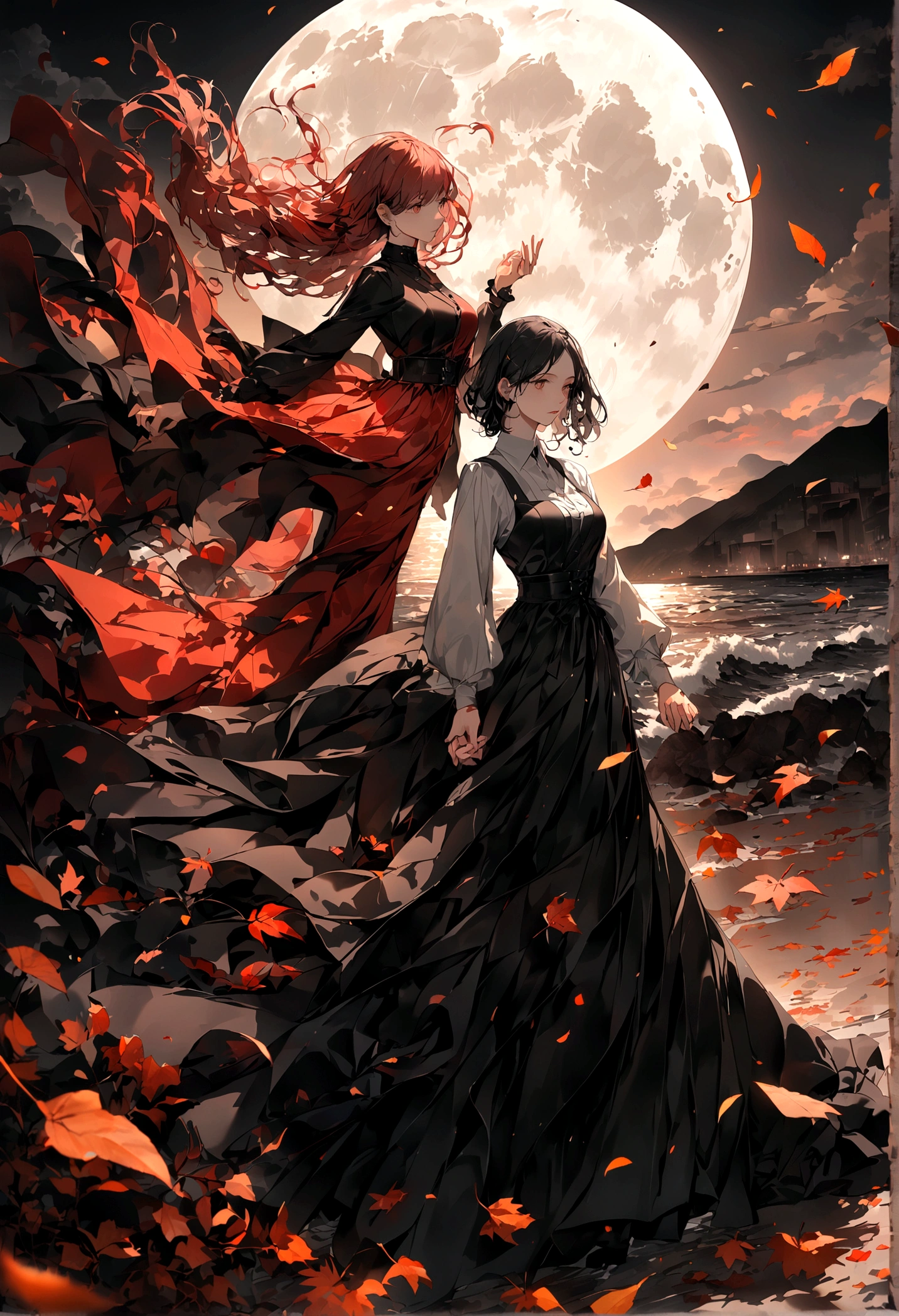 wallpaper,masterpiece,Best quality,Stills,Two holding hands,Full Moon,Autumnal,seaside