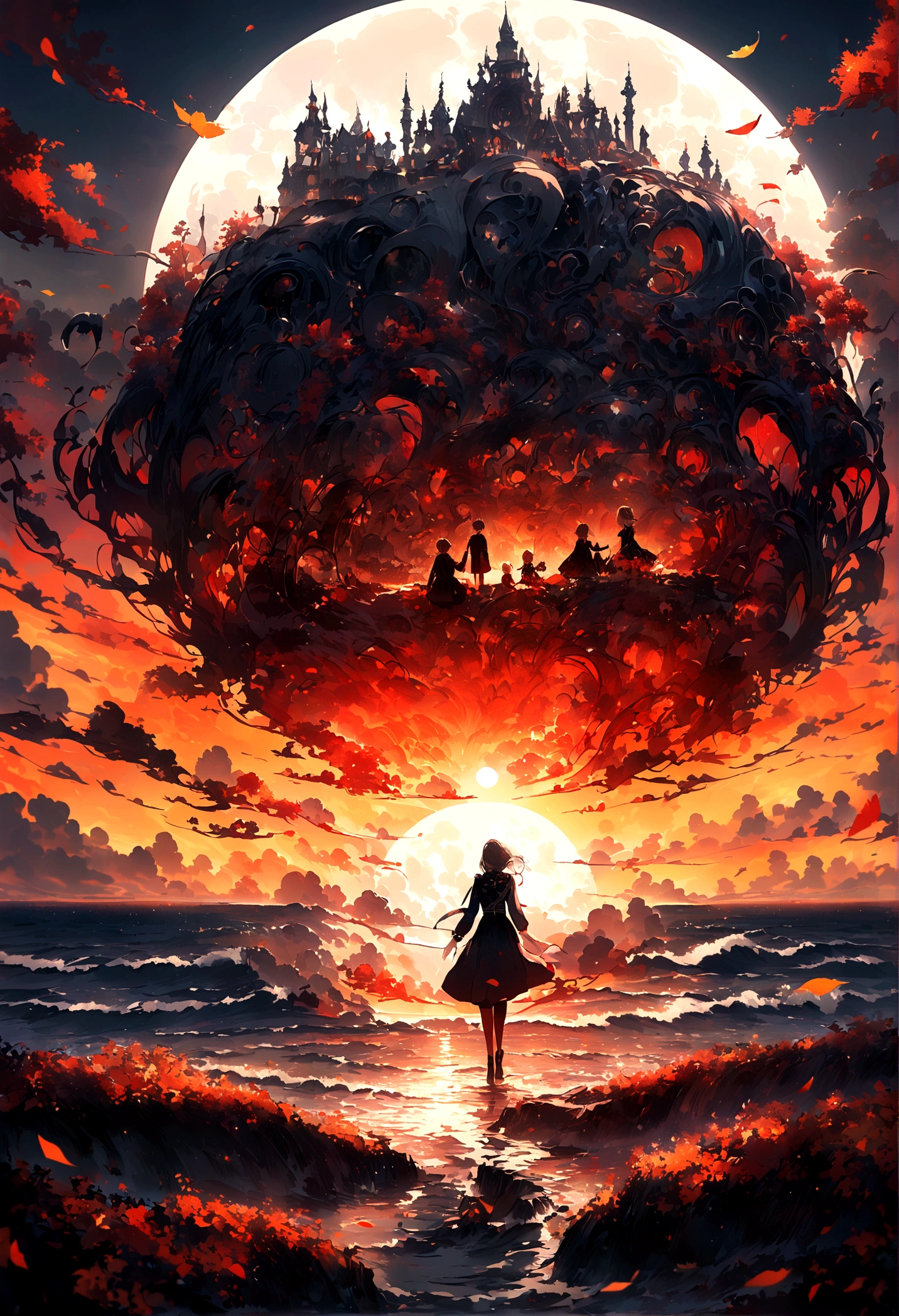 wallpaper,masterpiece,Best quality,Stills,Two holding hands,Full Moon,Autumnal,seaside