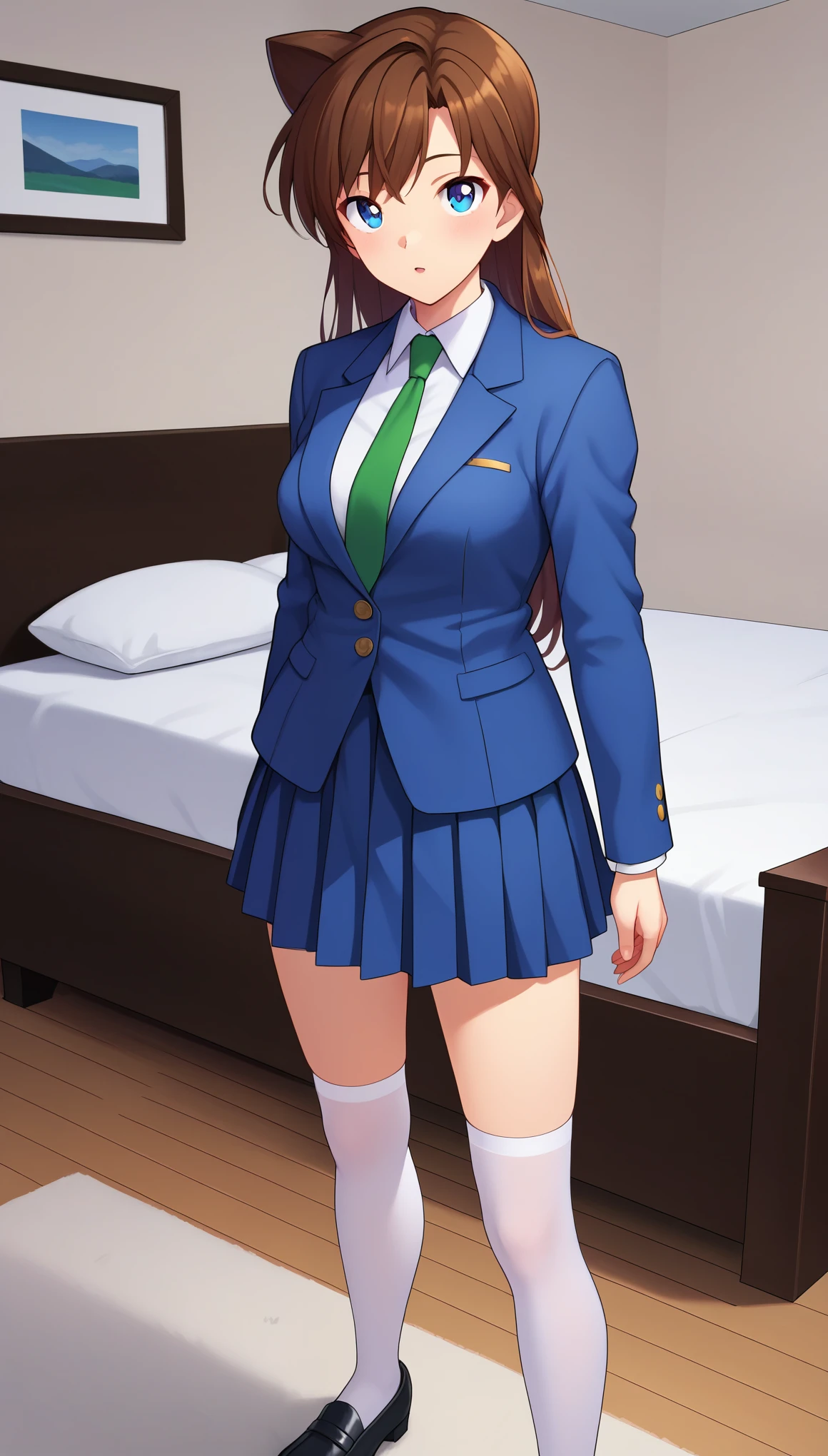 score_9, score_8_up, score_7_up, score_6_up, BREAK, RanMoriDCXL, blue eyes, brown hair, long hair, bangs, medium breasts, blue jacket, closed jacket, shirt, green necktie, blue skirt, pleated skirt, white stockings, black shoes, solo, standing, looking at viewer, indoors