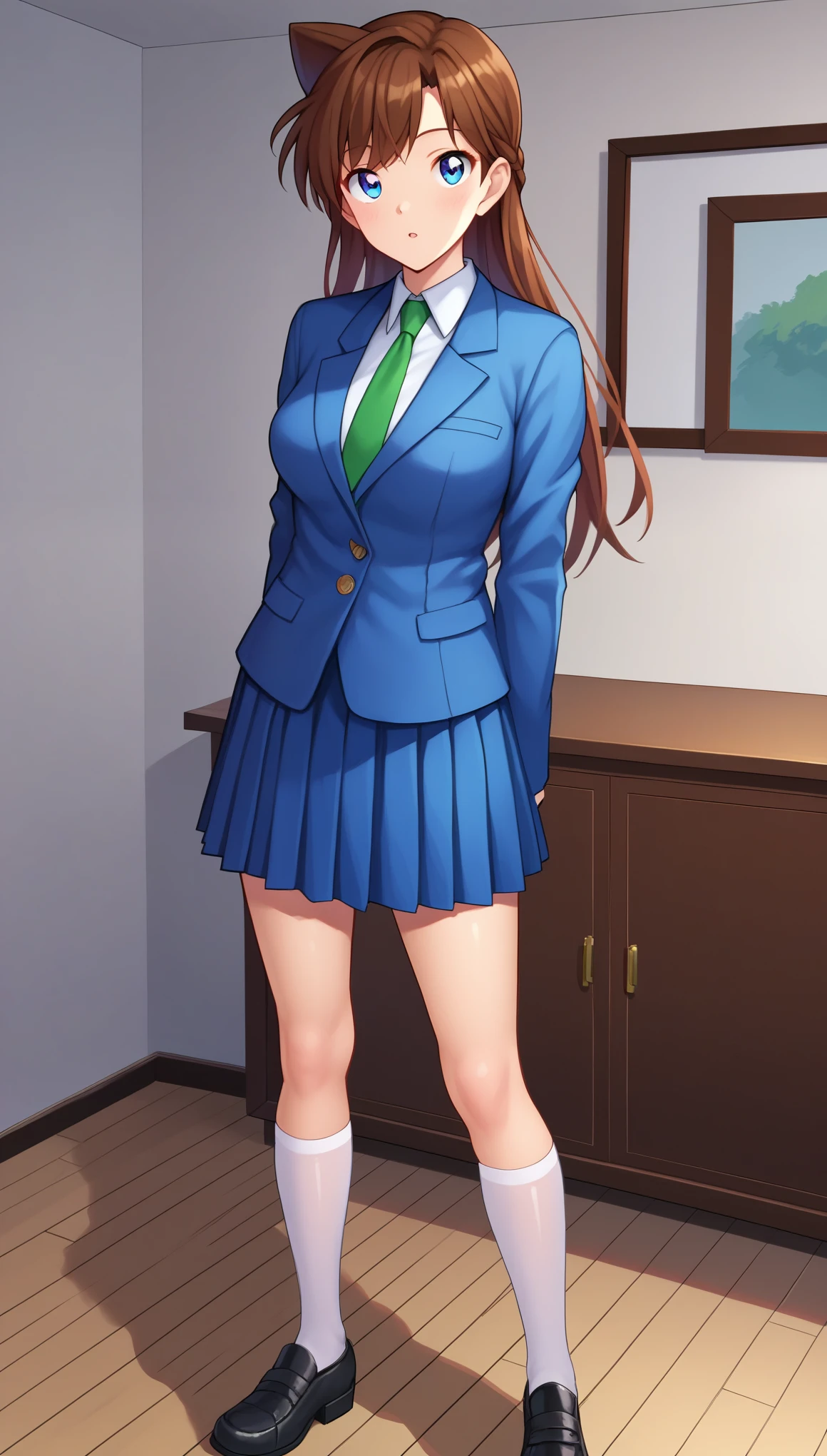 score_9, score_8_up, score_7_up, score_6_up, BREAK, RanMoriDCXL, blue eyes, brown hair, long hair, bangs, medium breasts, blue jacket, closed jacket, shirt, green necktie, blue skirt, pleated skirt, white stockings, black shoes, solo, standing, looking at viewer, indoors