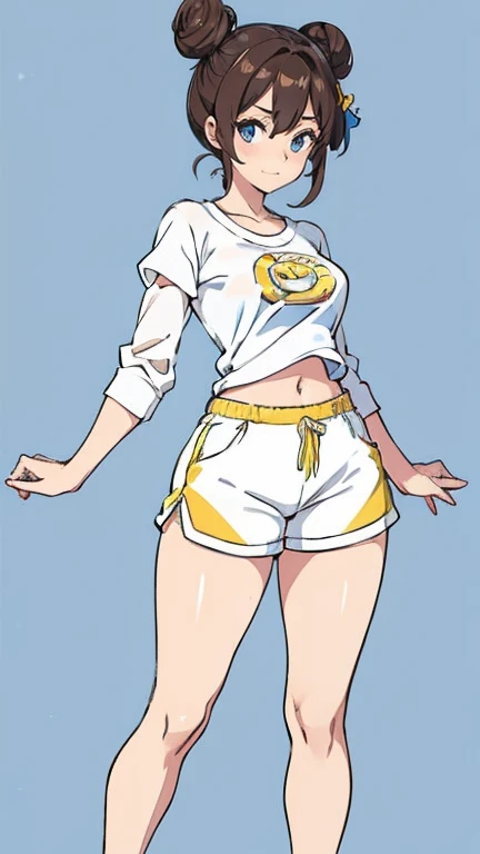 Create an anime-style female Pokémon character. she has fair skin, blue eyes and her hair is dark brown and styled in two large buns on each side of her head.. She is dressed in a tight white t-shirt with light blue sleeves.., with emblem on the chest and yellow shorts. The character wears white sneakers and is standing. Your body is well developed, Your breasts are full, Her waist is slender, your hips are wide and your thighs are thick. Your hands and feet are small. She has a beautiful smile.
