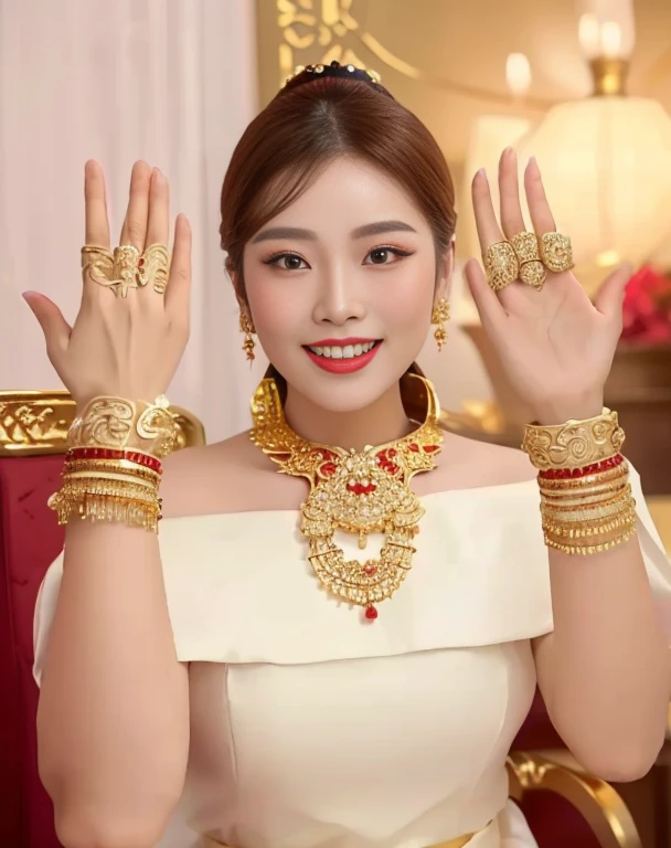 Close-up of woman wearing red dress and gold jewelry, traditional beauty, Wear gold jewelry, Vietnamese woman, gold and red, Niwan Chandra, Southeast Asia that has existed for a long time, traditional chinese, red and gold, Chinese woman, Southeast Asians with round faces, beautiful oriental woman, Sukhothai dress, asian woman
