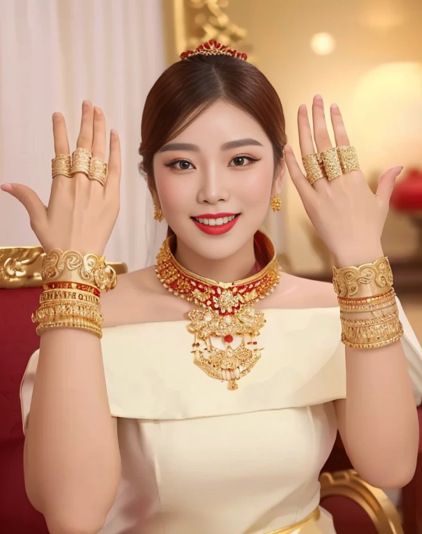 Close-up of woman wearing red dress and gold jewelry, traditional beauty, Wear gold jewelry, Vietnamese woman, gold and red, Niwan Chandra, Southeast Asia that has existed for a long time, traditional chinese, red and gold, Chinese woman, Southeast Asians with round faces, beautiful oriental woman, Sukhothai dress, asian woman