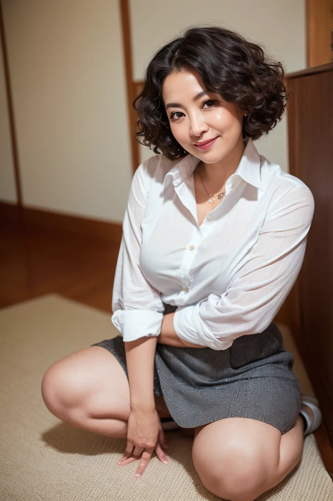 (Highest quality, masterpiece,Photo Real,Super detailed,Textured skin:1.2),From above, break (Put your hands on your knees),(Bend your waist forward),((Tilt your upper body)),1 Girl,
break (mini skirt),(shirt),
break (Japanese Mature),(45 years old),
break (Natural Hairstyles),Natural Eyebrow,smile,