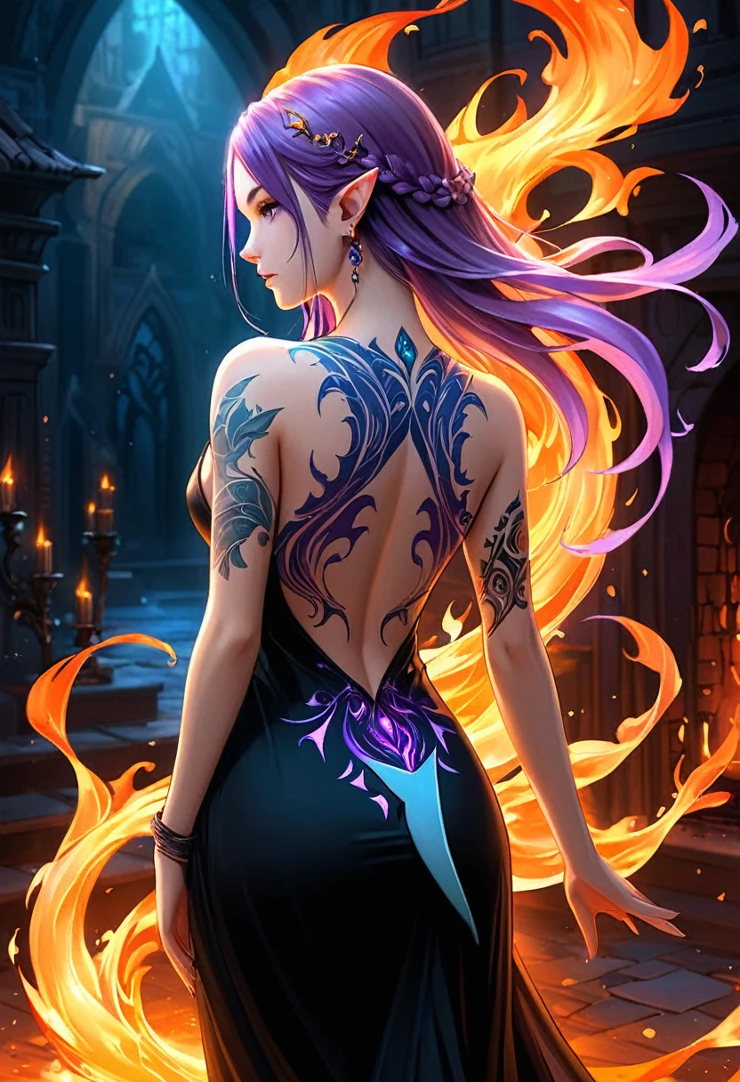  a picture of a ((shark tattoo: 1.5)) on the back of a female elf, Dark fantasy art, fantasy art, goth art,, a glowing tattoo of a ((shark: 1.3)) on the elf's back, the ((shark tattoo)) is vivid, intricate detailed coming to life from the ink to real life, GlowingRunesAI_purple, ((fire surrounds the shark: 1.5)), shoot taken from the back, ((the back is visible: 1.3), she wears a transparent black dress, the dress is elegant, flowing, elven style, that the tattoos glow, dynamic hair color, dynamic hair style, faize,, Digital Painting