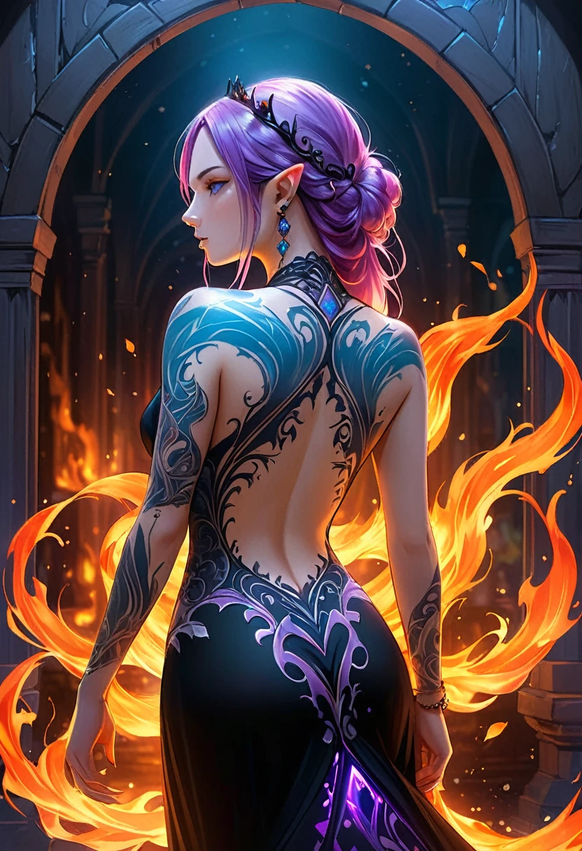 a picture of a ((shark tattoo: 1.5)) on the back of a female elf, Dark fantasy art, fantasy art, goth art,, a glowing tattoo of a ((shark: 1.3)) on the elf's back, the ((shark tattoo)) is vivid, intricate detailed coming to life from the ink to real life, GlowingRunesAI_purple, ((fire surrounds the shark: 1.5)), shoot taken from the back, ((the back is visible: 1.3), she wears a transparent black dress, the dress is elegant, flowing, elven style, that the tattoos glow, dynamic hair color, dynamic hair style, faize,, Digital Painting
