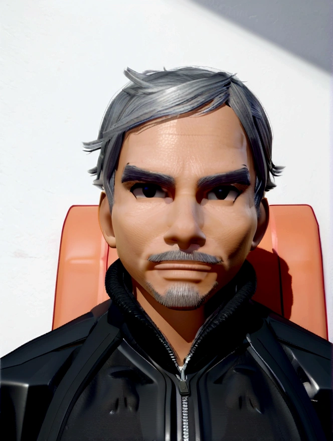 Disney Pixar, 3d, naughty man, 48 years old, Black jacke, Orange sofa in the background