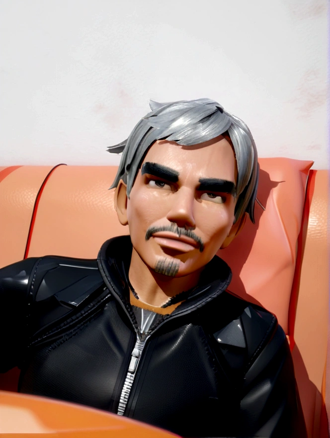 Disney Pixar, 3d, naughty man, 48 years old, Black jacke, Orange sofa in the background