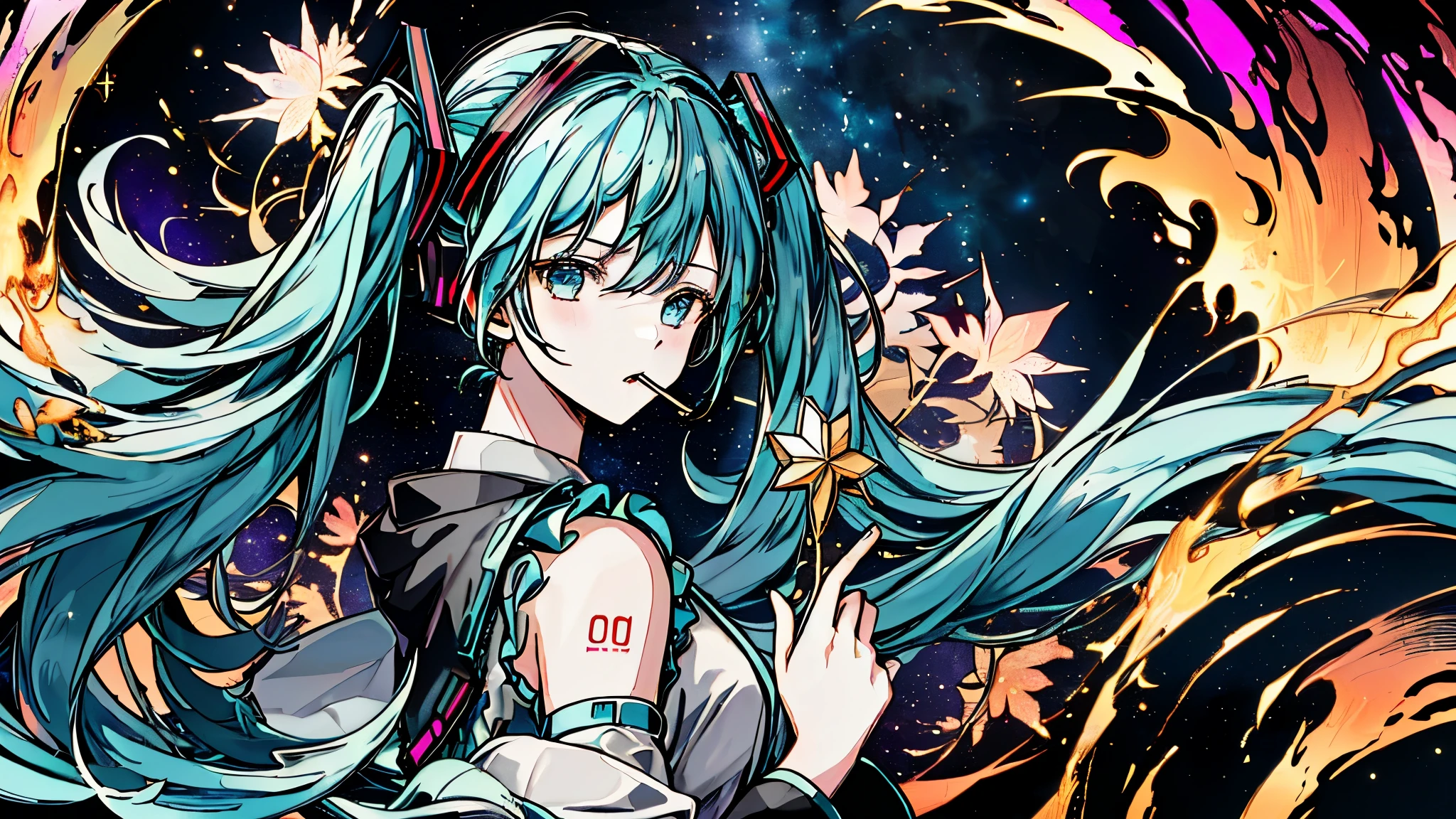 masterpiece、highest quality、highest quality,((High resolution)),(8K),((Hatsune Miku)), ((((dramatic)))、(((intense)))、official art、(1 girl:1.3)、(fractal art:1.3)、Upper body、From the side、looking at the viewer、pattern、glitch、night sky,starry sky,universe,Tastes like a movie poster with a young woman as the main character。colorfulなパーカー,He has a determined look on his face.。sparkling particles,The color palette is mainly dark colors、There are splashes of dark color,Snazzy, vibrant, Pause, front, colorful, dynamic, With background, element, majestic, coiled, surroundings, touch, scene, That's bold, to attract attention, cross ornament