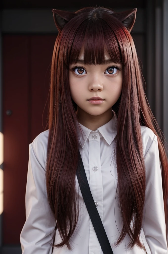 Young girl with round face,with light skin burgundy red eyes,large eyes ,its pupil is shaped like a star,long hair with wolf cut white color with red strands in the style of boku no hero academia