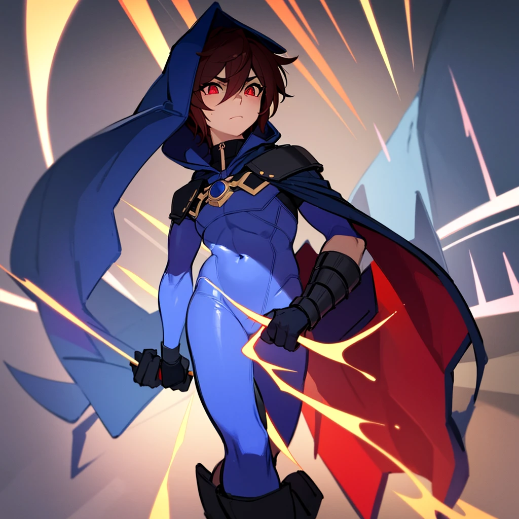 1boy, Femboy, superhero, crossdresser man, teenager, with a dark blue with red accents full body Spandex crow themed suit, with a blue cape, a blue glowing decal in the chest, black gloves and black boots that resemble crow feet, and a hoodie, long technological red sword, brown skinned, red eyes, feminine shoulder length dark brown hair, wide hips, thick thighs , flat chest, narrow waist, walking down street a futuristic city at night ((only one character))