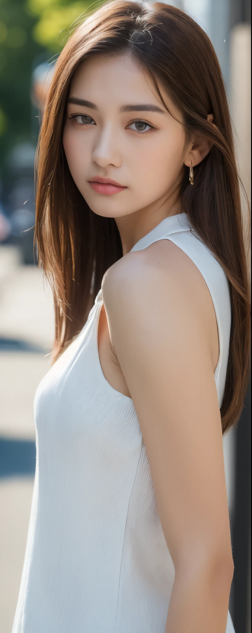 ((top-quality, 8K, ​masterpiece:1.3)), sharp focus:1.2, Beautiful Women in Perfect Style:1.4, Slender Abs:1.2, wearing sleeveless shirts wide pants, ((dark brown hair:1.2)), (natural soft light, City Street:1.1), Highly detailed facial and skin texture, A detailed eye, double eyelid, uniform, Female, 24 years old