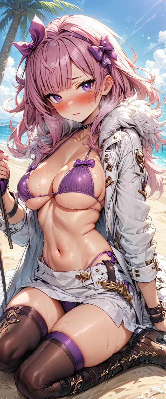 (masterpiece), best quality, expressive eyes, perfect face, 1girl,chloe, coat, swimsuit, breasts, fur coat, bikini, sitting, pink hair, gloves, single glove, purple bikini, blush, purple legwear, white coat, solo, thighhighs, nail polish, sweat, large breasts, bangs, high heels, purple eyes, pink nails, bow, open coat, hairband, looking at viewer, wristband, open clothes, string bikini, boots, bikini top, hair bow, full body, makeup,beach, sand, day, palm tree, blue sky