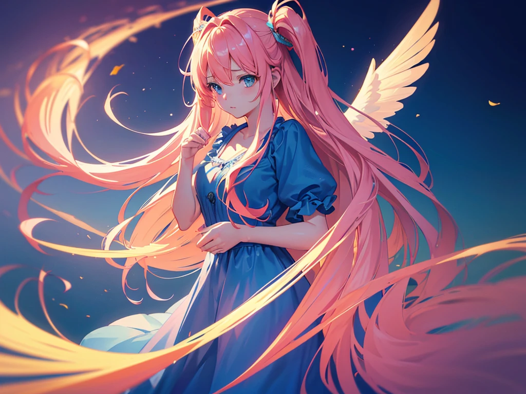 anime, Style, 1 pink long haired girl in a blue dress, long angel wings, floating on air, , on the beach in the night(best quality, 4k, 8k, high resolution, obra-prima: 1.2), ultra-detailed, (realista, fotorealista, foto-realista: 1.37) colorido com vibrantes cores, soft lighting