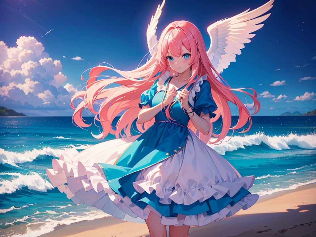 anime, Style, 1 pink long haired girl in a blue dress, long angel wings, floating on air, , on the beach in the night(best quality, 4k, 8k, high resolution, obra-prima: 1.2), ultra-detailed, (realista, fotorealista, foto-realista: 1.37) colorido com vibrantes cores, soft lighting