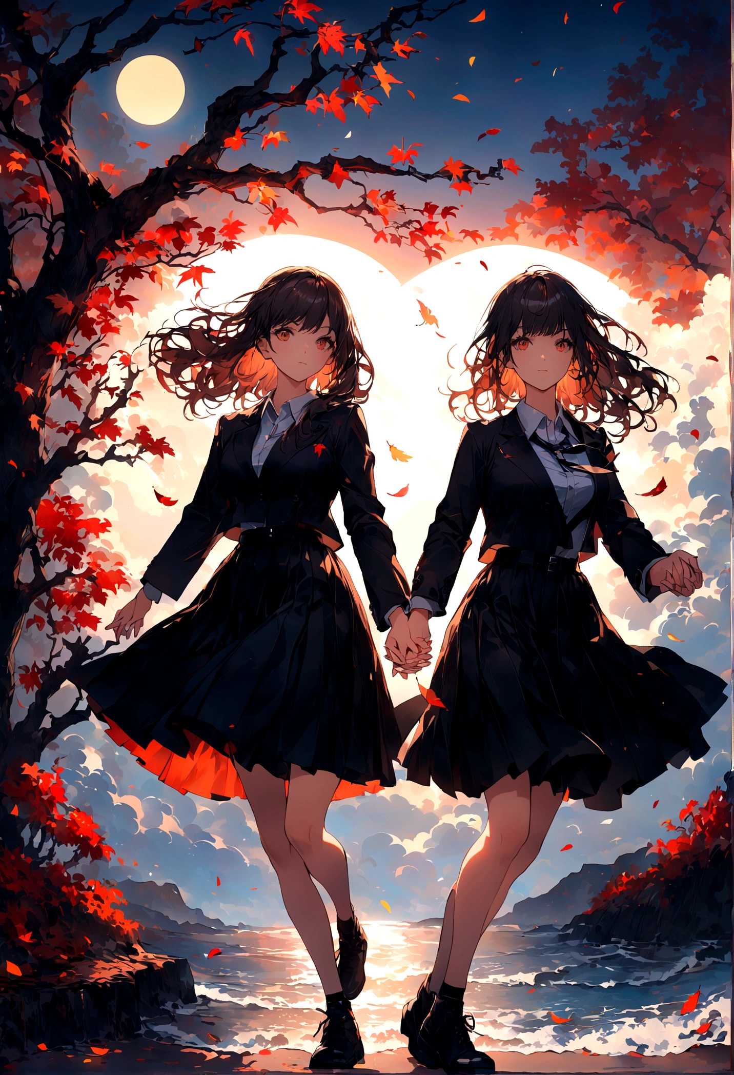 wallpaper，masterpiece，Best quality，Stills，Two women holding hands，Full Moon，Autumnal，seaside