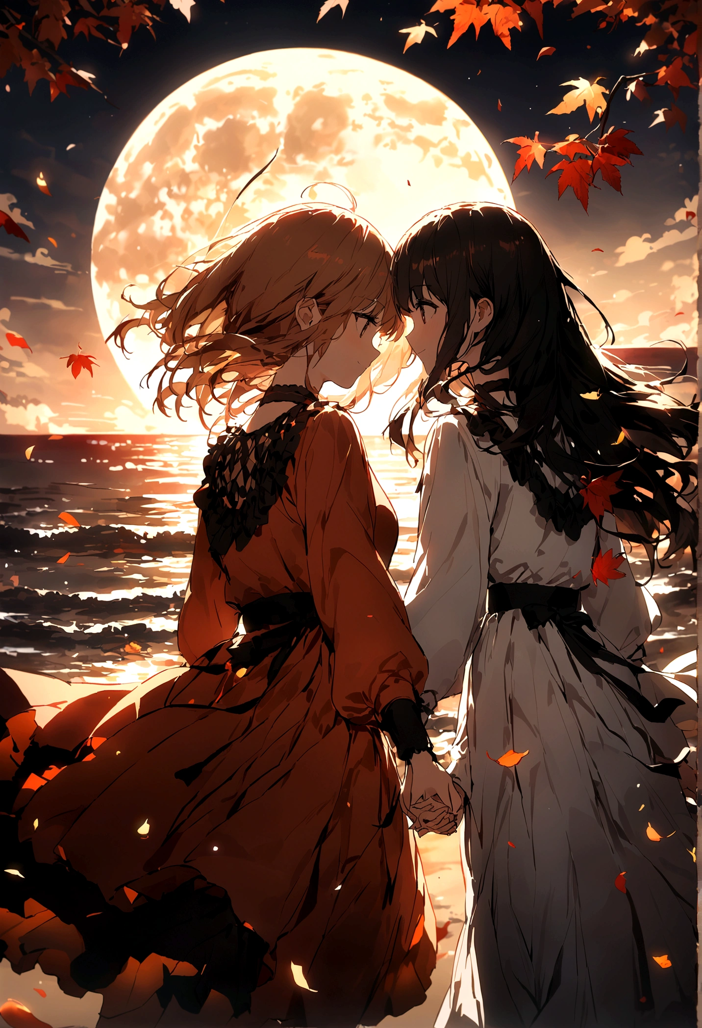 wallpaper，masterpiece，Best quality，Stills，Two women holding hands，Full Moon，Autumnal，seaside