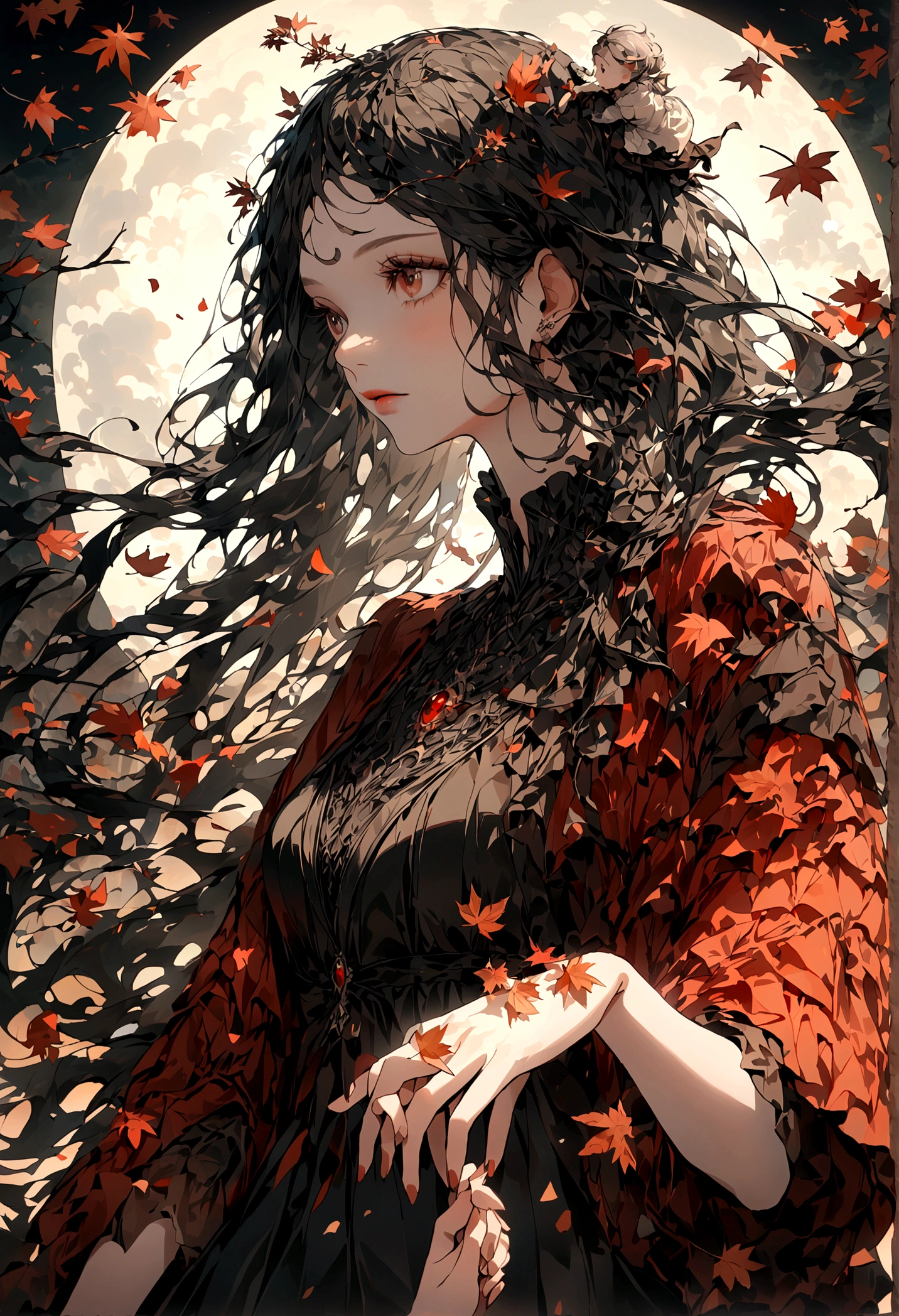 wallpaper，masterpiece，Best quality，Stills，Two women holding hands，Full Moon，Autumnal，seaside