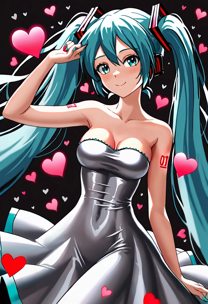((high quality:1.2)), 8k, extremely detailed, ((High detail:1.2)), source_anime, (Hatsune Miku), a girl with 18 years old, ((sexy tight dress strapless)), ((medium breasts:1.4)), ((making hearts with hands)),
