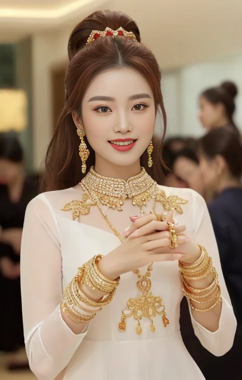 Close-up of woman wearing red dress and gold jewelry, traditional beauty, Wear gold jewelry, Vietnamese woman, gold and red, Niwan Chandra, Southeast Asia that has existed for a long time, traditional chinese, red and gold, Chinese woman, Southeast Asians with round faces, beautiful oriental woman, Sukhothai dress, asian woman